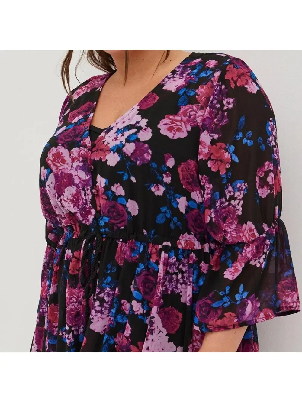 Torrid Maxi Dress 0 Large 12 Pink Purple Blue Floral Chiffon & Black Slip NEW - Picture 2 of 15